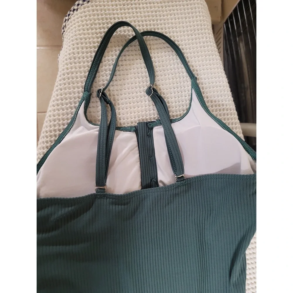 Summer Mae Ribbed 1 Piece Swimsuit Olive Green Buttons Sexy Ruched Side Size S